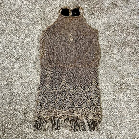 SLNY Gold Lace Fringe Dress - Picture 4 of 9